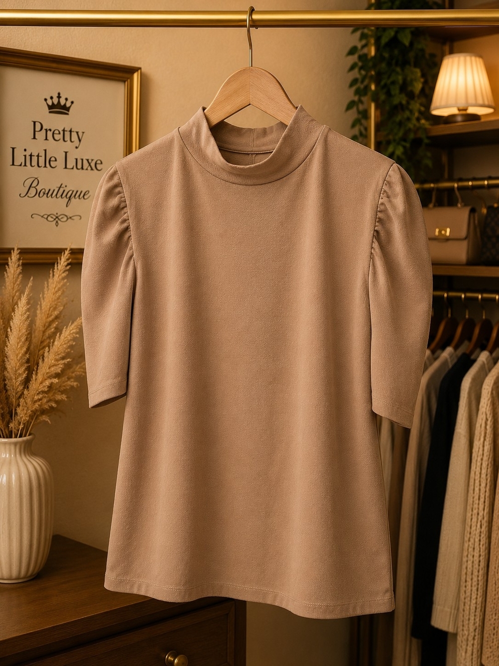 C'est La Vie Taupe Puff Sleeve Mock Neck Top XL